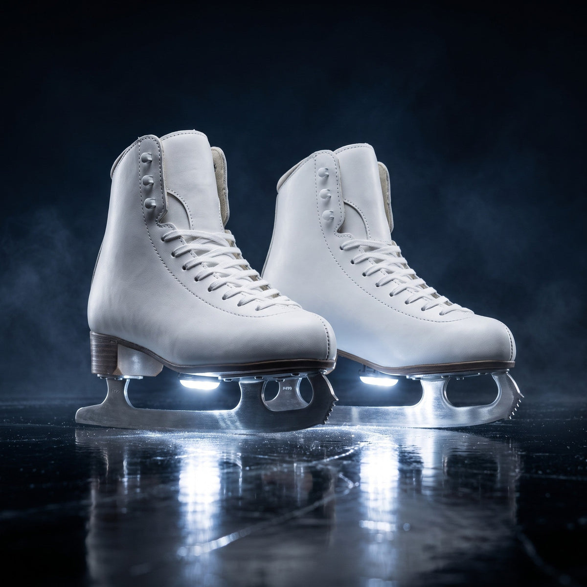 BladeLit LED ice skate lights glowing on dark ice