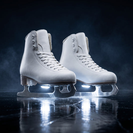 BladeLit LED ice skate lights glowing on dark ice